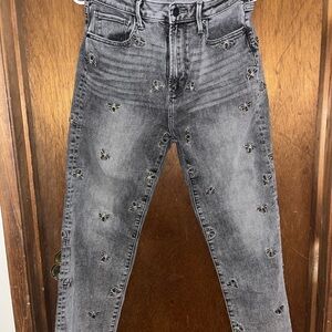 Driftwood Gray Distressed Jeans with Embroidered Bee Details